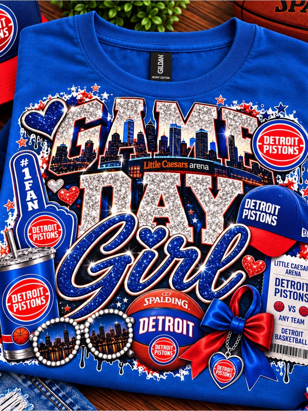 Gildan Blue Detroit Pistons Game Day Girl Tee with Red & White Accents